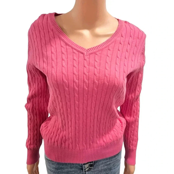 Women's Cable Knit V-Neck Sweater - Vibrant Pink, Size xs - Picture 6 of 13